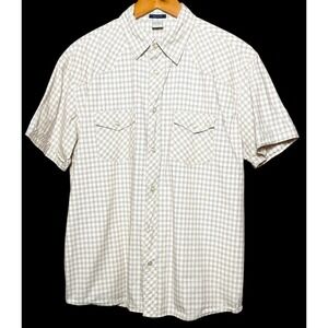 Old Navy White Plaid Western Shirt Short Sleeve Pearl Snap Regular Fit Size L